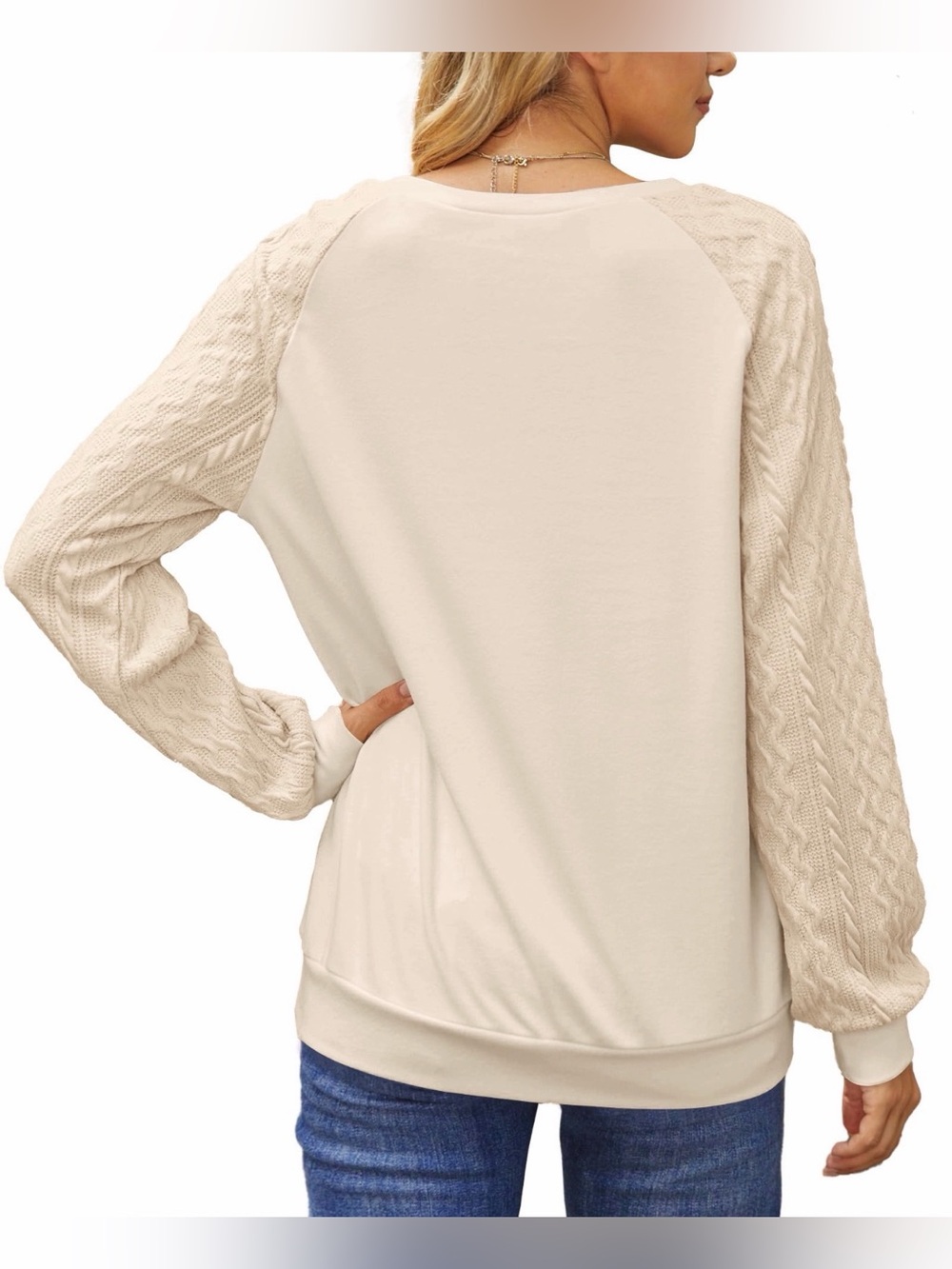 Beige Knit-Sleeve Women's Long Sleeve Sweater - Picture 2 of 6